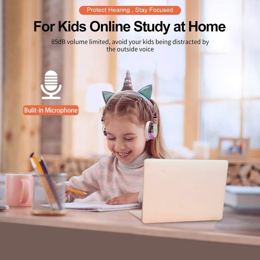 Sparkly Unicorn Headphones for Girls, 85Db Safe Volume Limit, Wireless & 3.5Mm Wired Headset with Mic, Adjustable Headband, Fast Charging, Foldable,For School, Tablet, Travel, Airplane