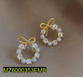 Golden Bow Earrings with Crystals & Pearls for Women