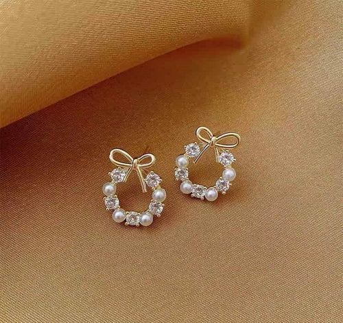 Golden Bow Earrings with Crystals & Pearls for Women